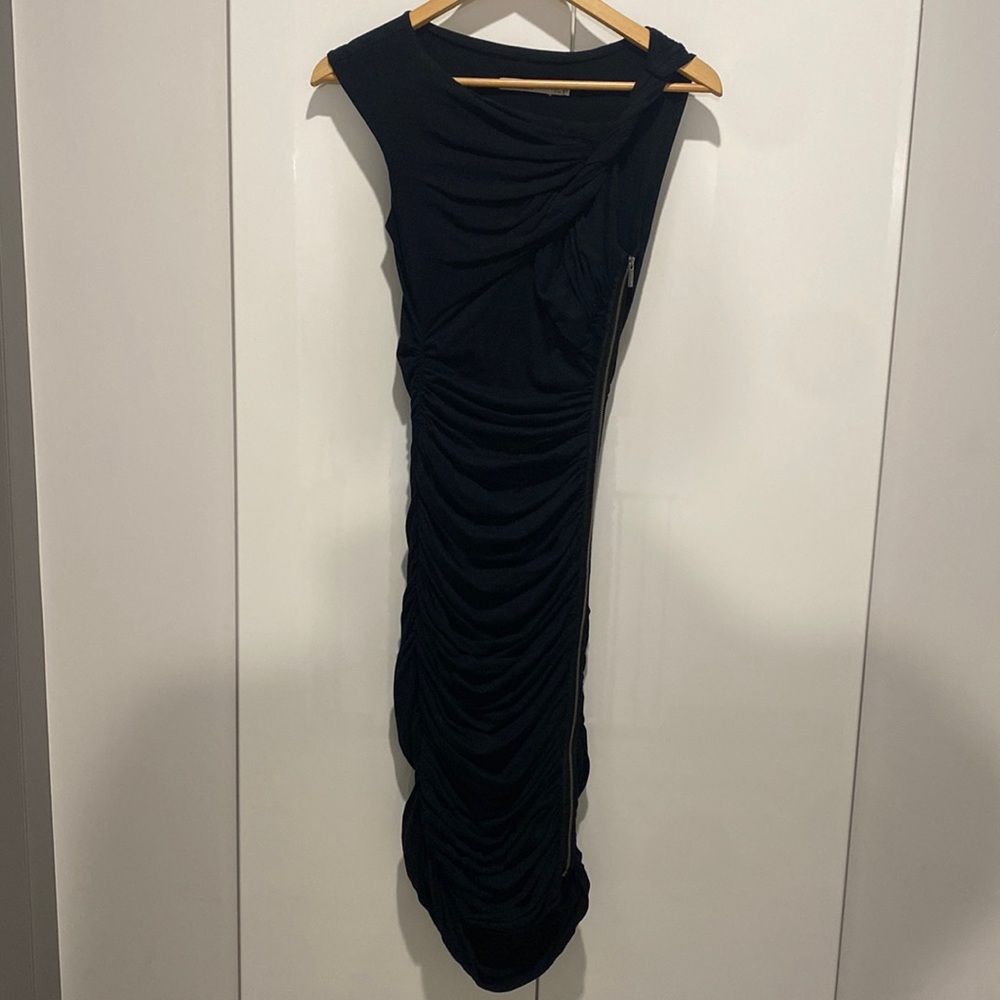 KAREN MILLLEN ruched pencil midi dress ; size 4 ; runs small;zipper on left side